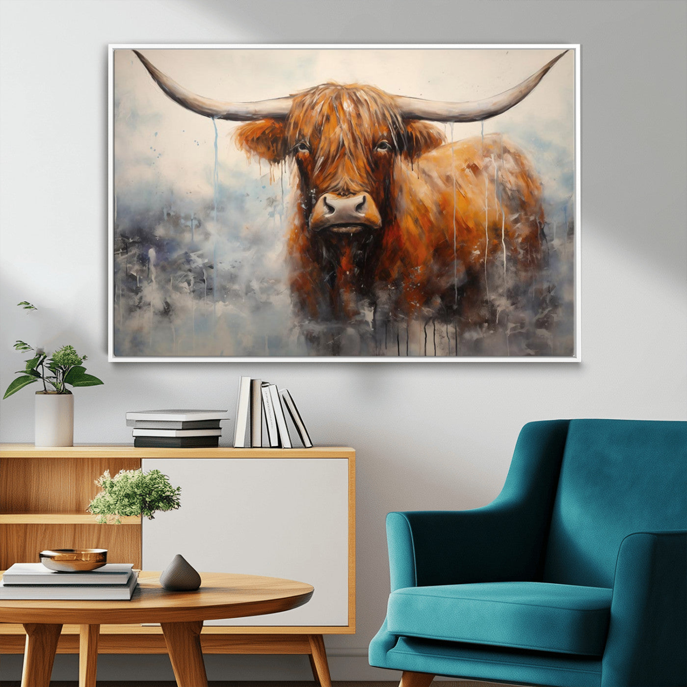 MGV-FC-36X24 - Scottish Highland Wall Art Canvas Print, Framed Longhorn Art Picture Print, Western Cow Perfect Farmhouse Decor Artwork