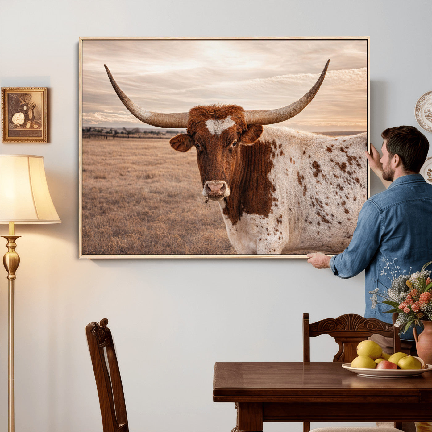 95745718-MGV-CV-36X24 - Longhorn Cow Wall Art – Texas Bull Canvas Print, Rustic Farm Cattle Photography, Western Animal Decor for Country Home, Living Room or Game Room