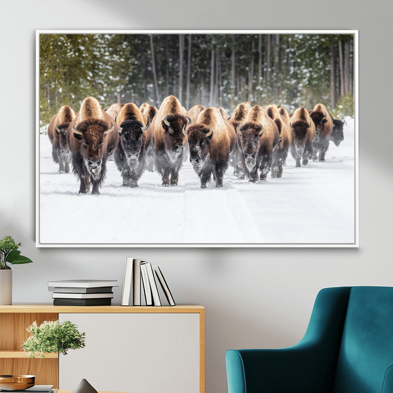 96906195-MGV-FC-36X24 - American Bison Herd Snow Canvas Wall Art – Powerful Winter Wildlife Print of Buffalo Motion, Rustic Lodge or Western Cabin Decor for Living Room, Office