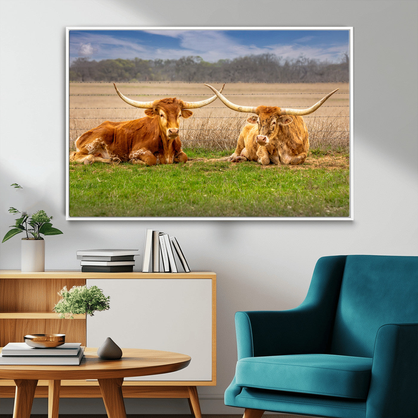 54598515-MGV-CV-36X24-Texas Longhorn Pair Wall Art Canvas Print – Peaceful Rustic Ranch Scene with Two Cattle in Field, Perfect for Western Farmhouse Home Decor