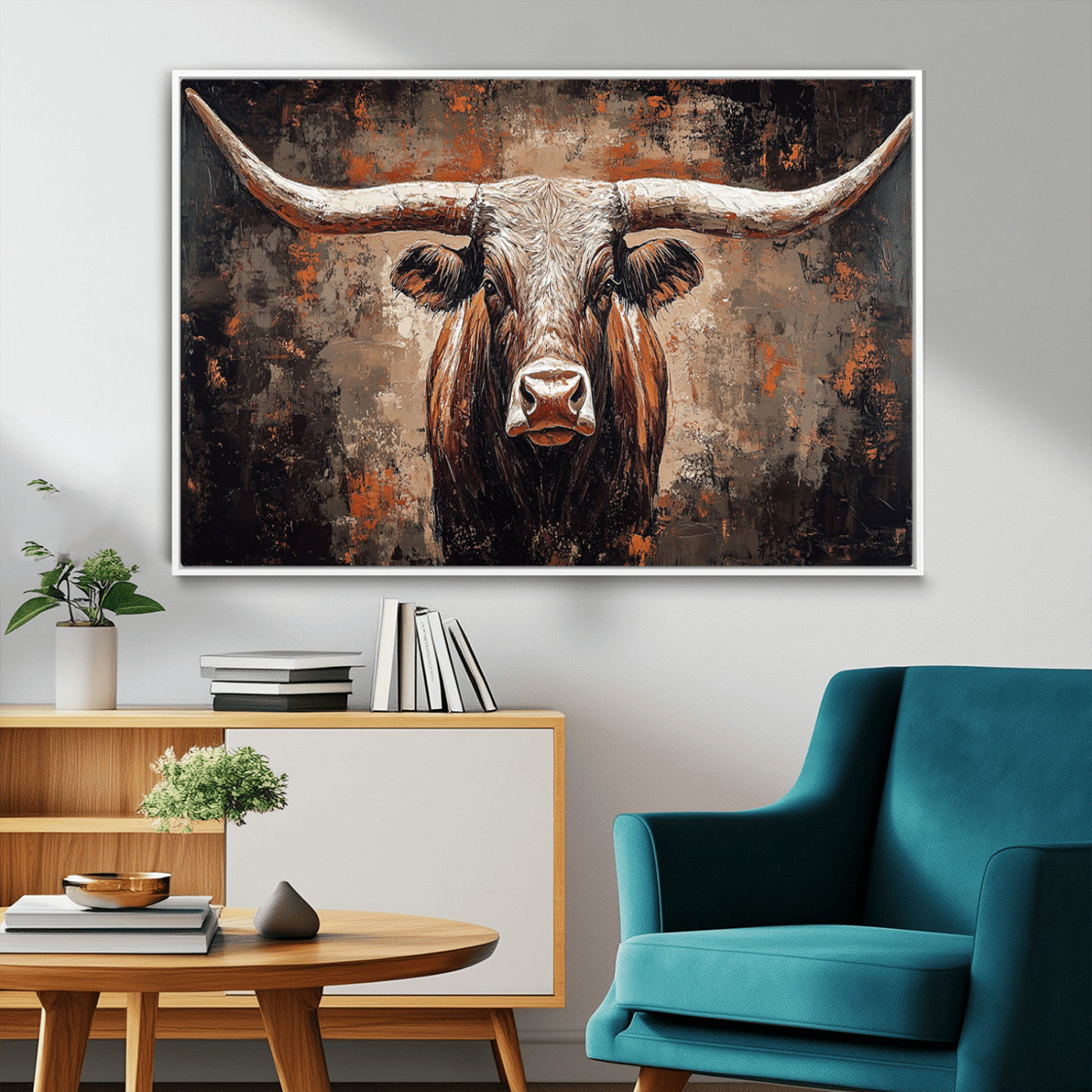 42732393-MGV-CV-36X24-Rustic Longhorn Bull Wall Art Canvas Print – Vintage Western Cattle Painting, Texas Steer Artwork for Ranch, Farmhouse or Cowboy Decor