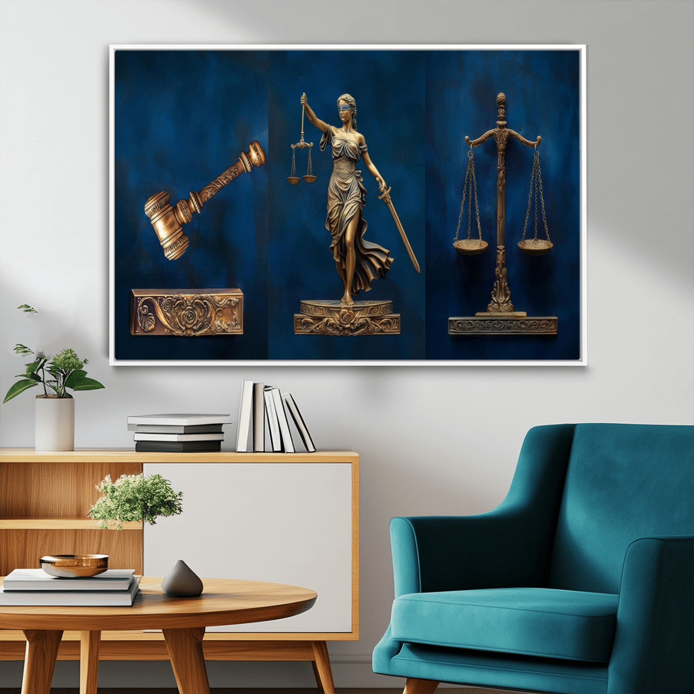 MGV-FC-36X24 - Lady Justice Wall Art Canvas Print – Elegant Gold Legal Symbols on Blue Background, Perfect for Law