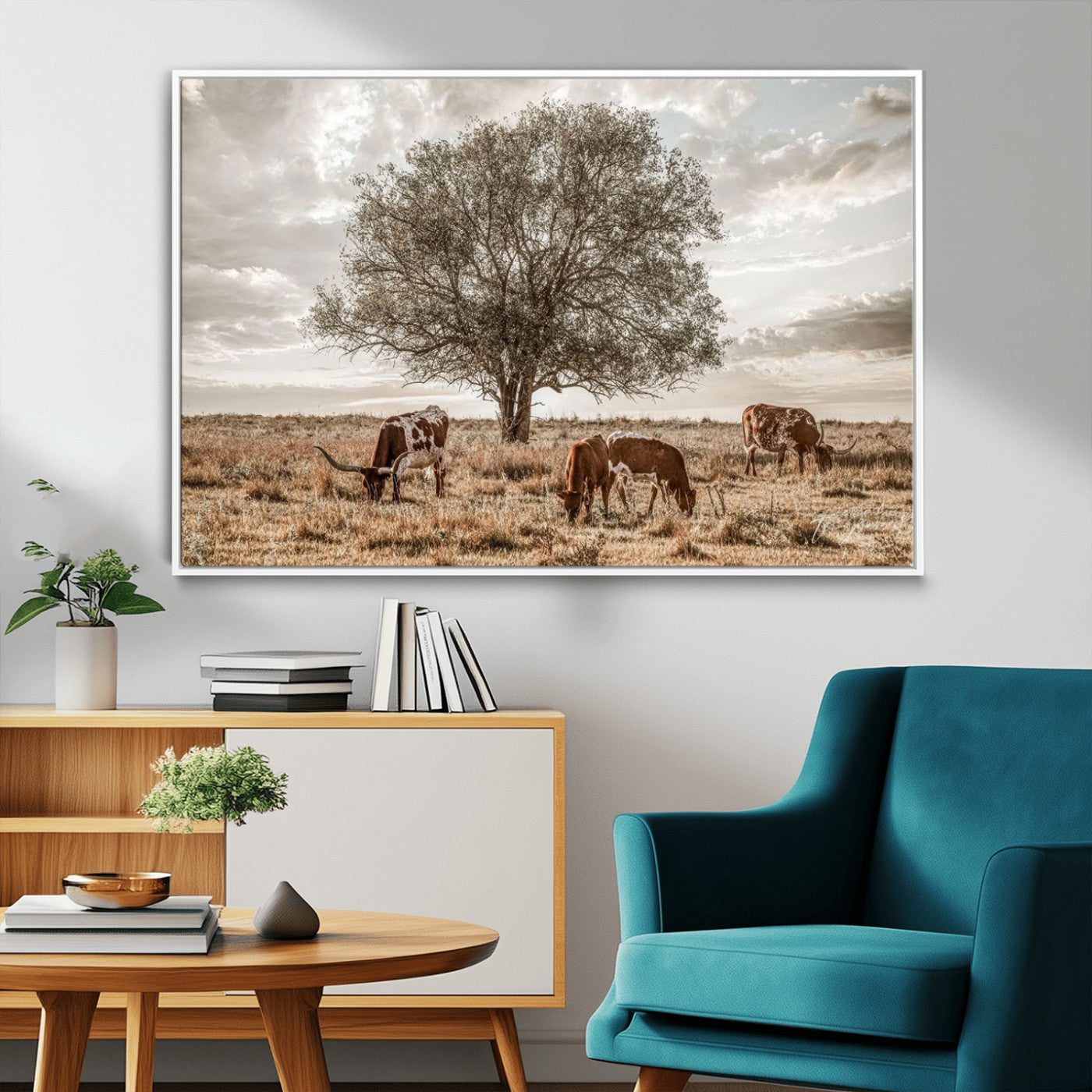 Texas Longhorn Cattle Wall Art Canvas Print – Rustic Western Ranch Scene with Steers at Sunset, Perfect for Farmhouse or Cowboy Decor