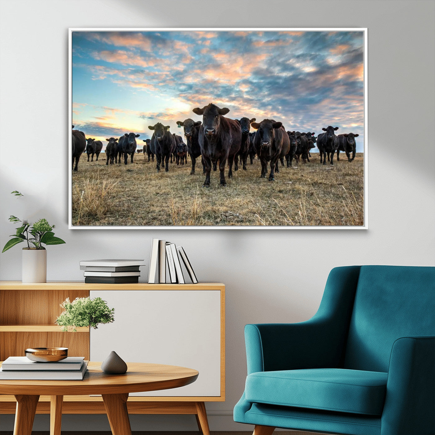 13867292-MGV-CV-36X24-Texas Longhorn Cattle Wall Art Canvas Print – Rustic Western Ranch Scene with Steers at Sunset, Perfect for Farmhouse or Cowboy Decor