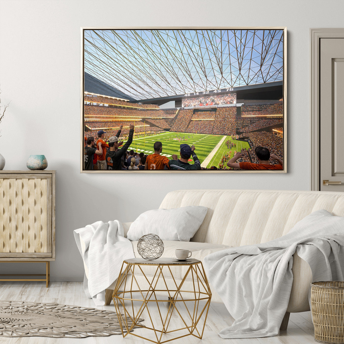 81960112-MGV-CV-36X24-Cleveland Browns Stadium Wall Art Canvas Print – Framed Football Artwork Featuring Cleveland Skyline and Browns Stadium, Perfect for Man Cave or Game Room Decor