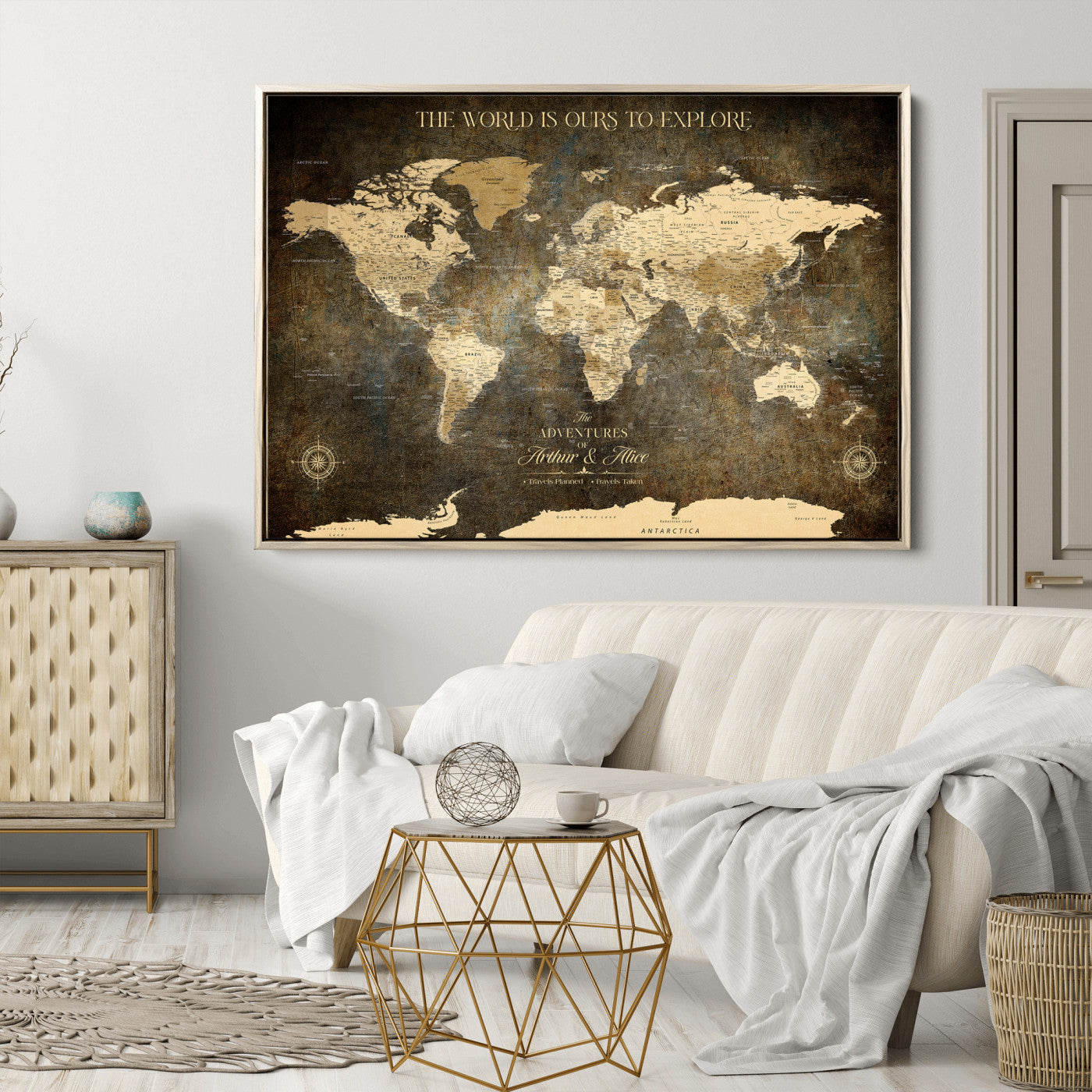 76675404-MGV-CV-36X24-Framed Push Pin World Travel Map – Canvas Wall Art for Tracking Adventures, Decorative Vintage Style Map with Pins for Home or Office - H1