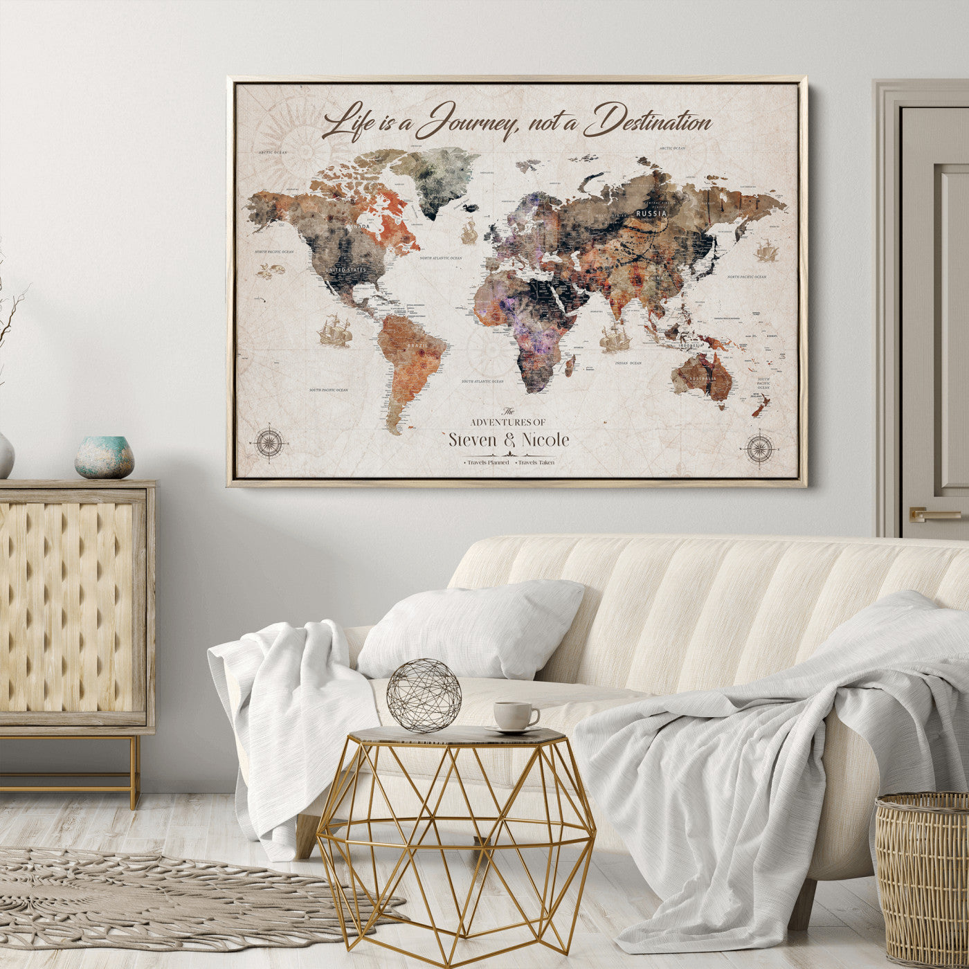 96000140-MGV-CV-36X24-Custom Push Pin World Map Wall Canvas Print – Personalized Travel Tracker with Pins – Framed Large Multi-Size Canvas for Home Office Decor