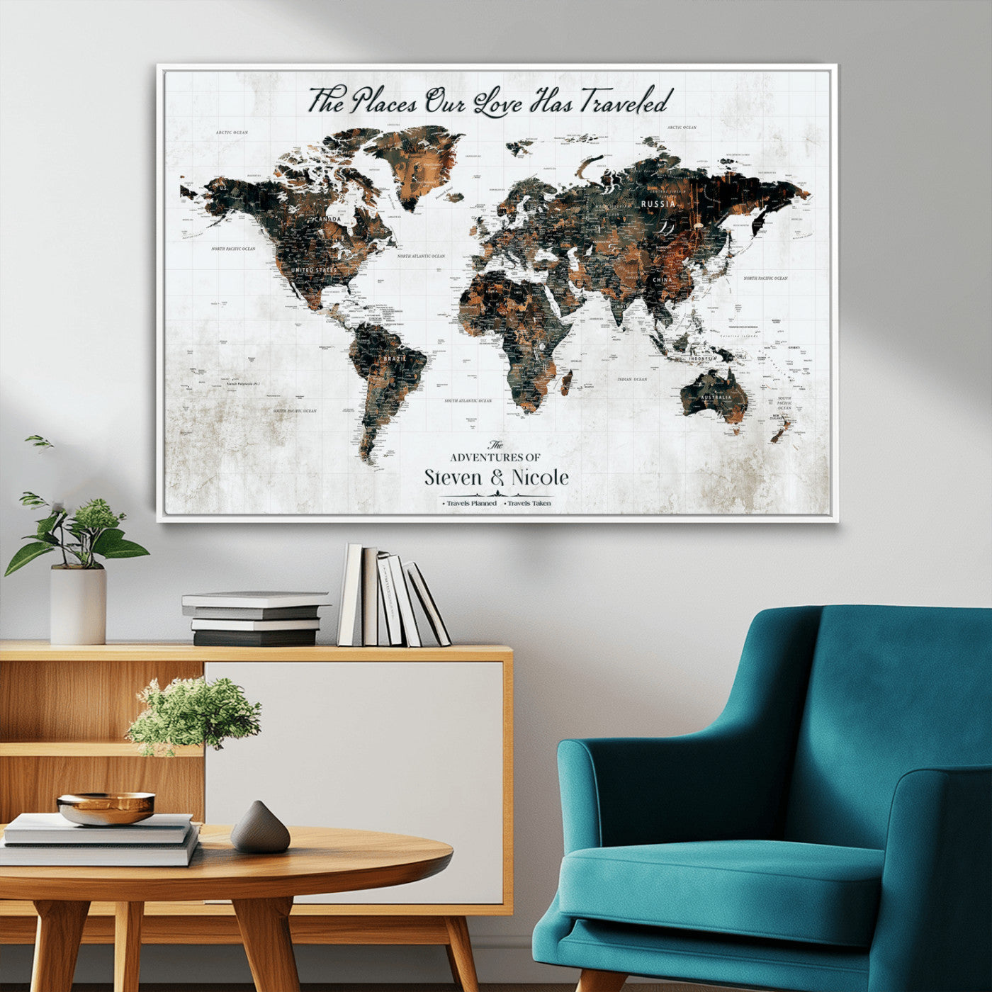 89231588-MGV-CV-36X24-World Travel Map with Pins – Framed Canvas Print to Track Adventures and Create a Visual Travel Journal, Ideal Wall Art for Home - H17