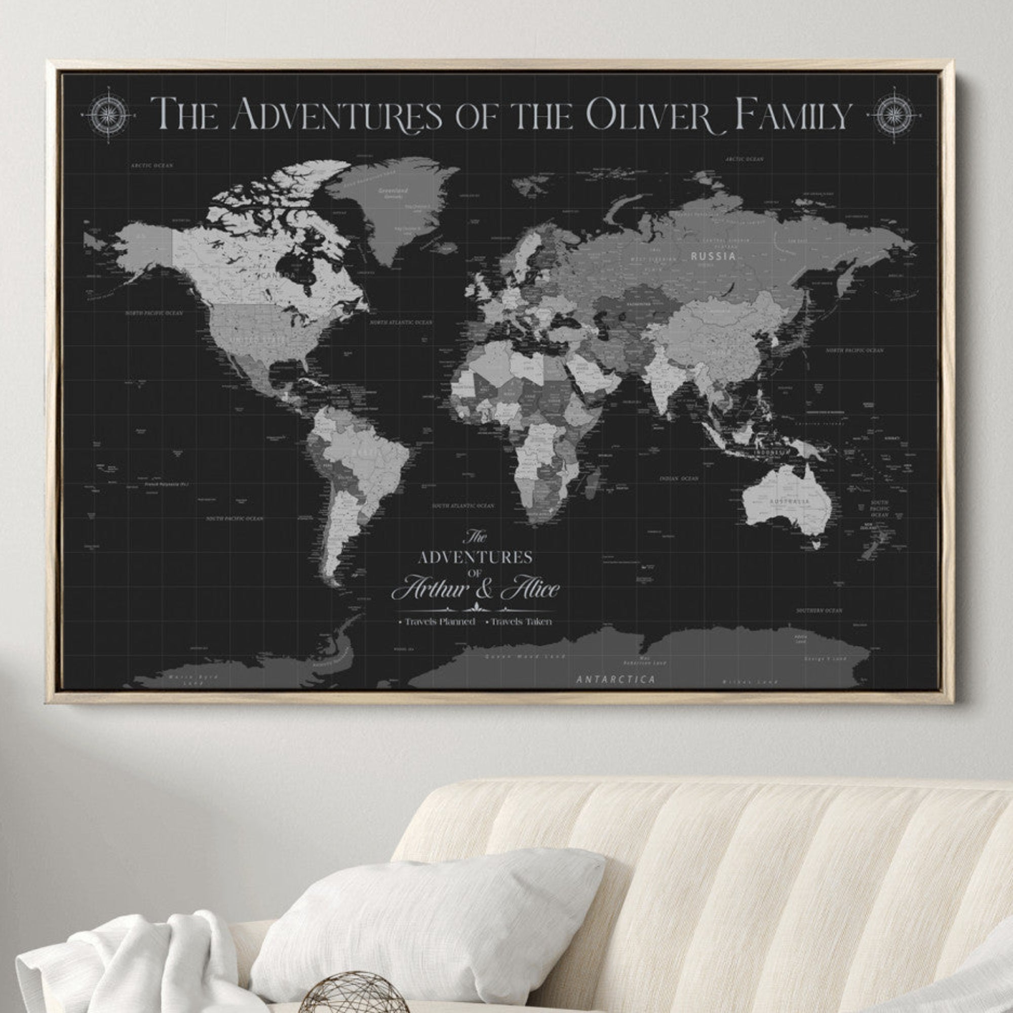 -Personalized Family World Map Canvas – Custom Framed Push Pin Travel Tracker, Modern Adventure Wall Art for Home, Office