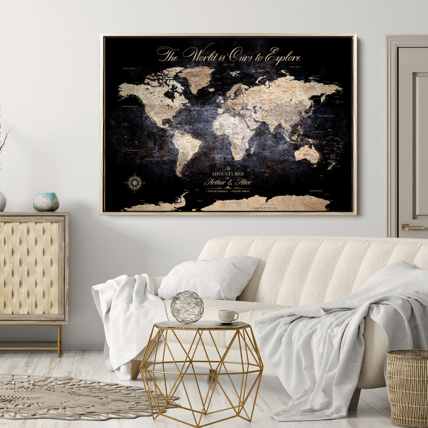 21010471-MGV-CV-36X24-Customize Push Pin World Map Wall Canvas Print, Personalized Travel Tracker with Pins, Framed Large Canvas for Home Office Decor - H37