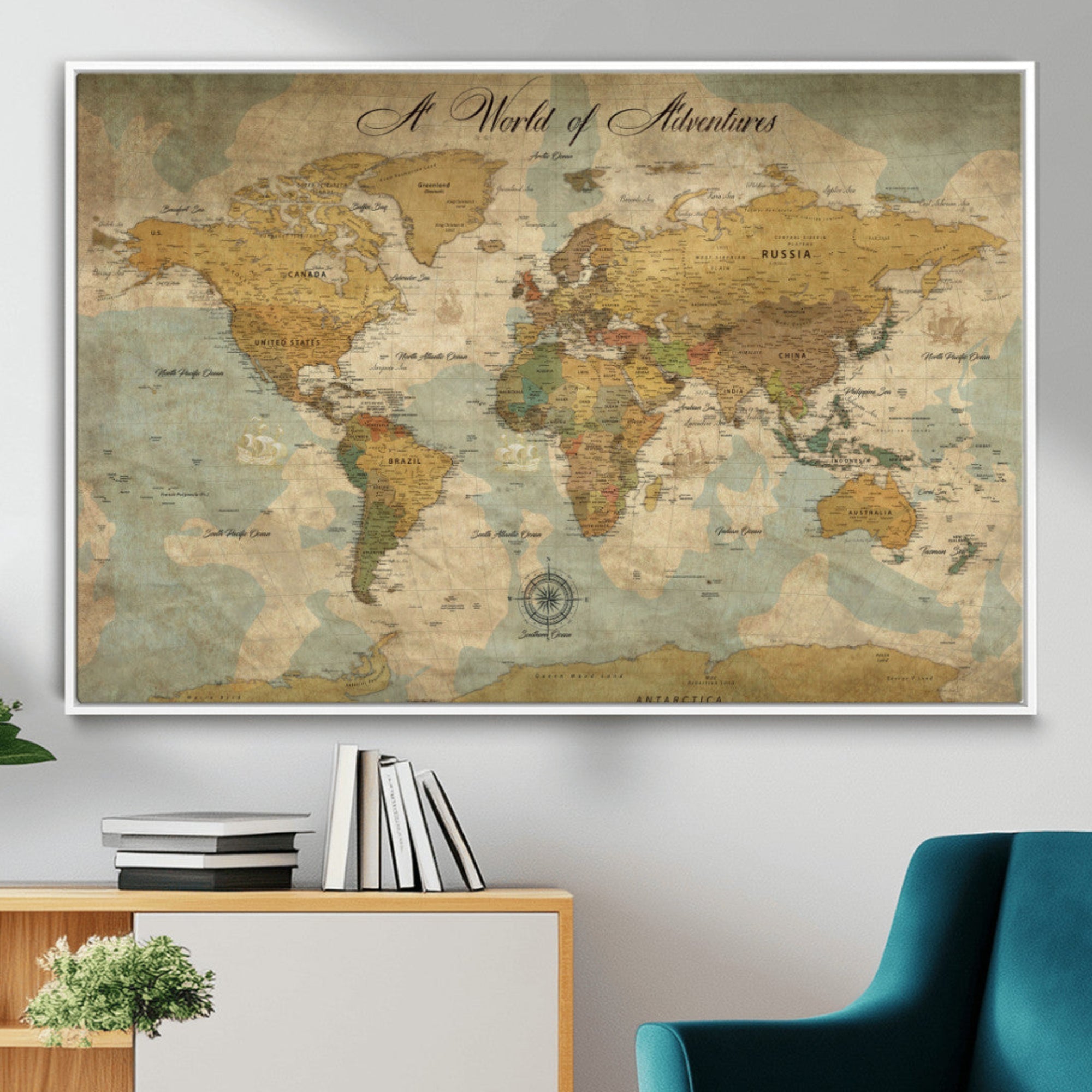 Rehber01-MGV-CV-36X24-Personalized World Map Canvas – Custom Framed Push Pin Travel Map Wall Art, Vintage Style Gift for Couples or Families