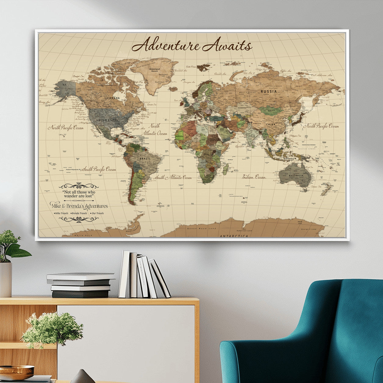 31875069-MGV-FC-36X24 - Customizable Push Pin World Map Wall Canvas Print – Personalize Travel Tracker with Pins – Framed Custom Quotie Canvas for Home Office Decor