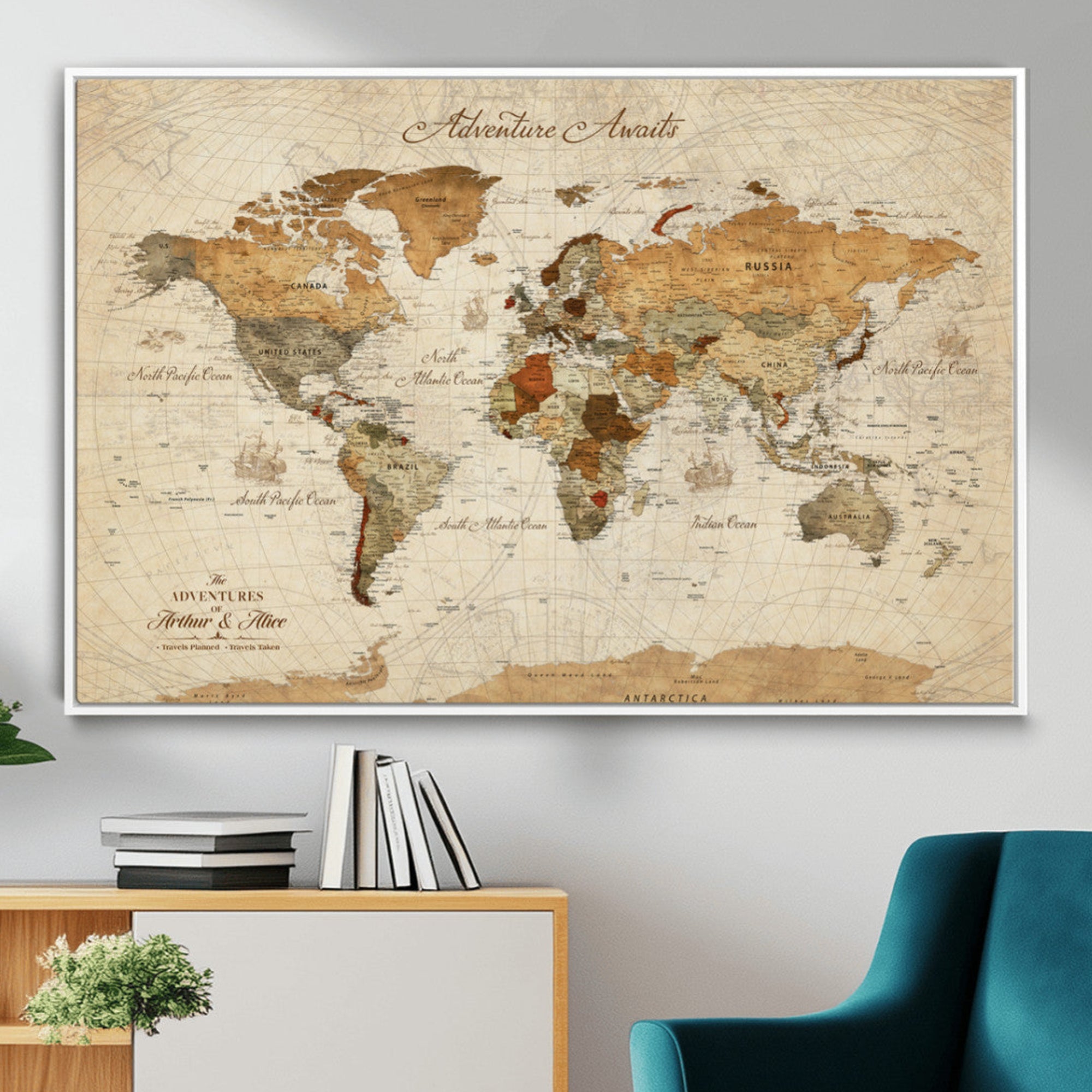 Rehber01-MGV-CV-36X24-Customizable Framed World Map Canvas Print – Personalized Push Pin Travel Map Gift for Couples Explorers for Home, Office