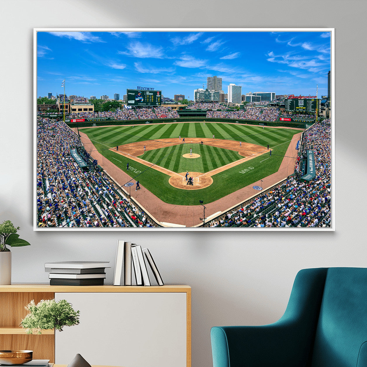 35800083-MGV-FC-36X24 - Wrigley Field Baseball Stadium Canvas Wall Art – Packed Crowd Sports Stadium City Skyline Artwork for Home Office