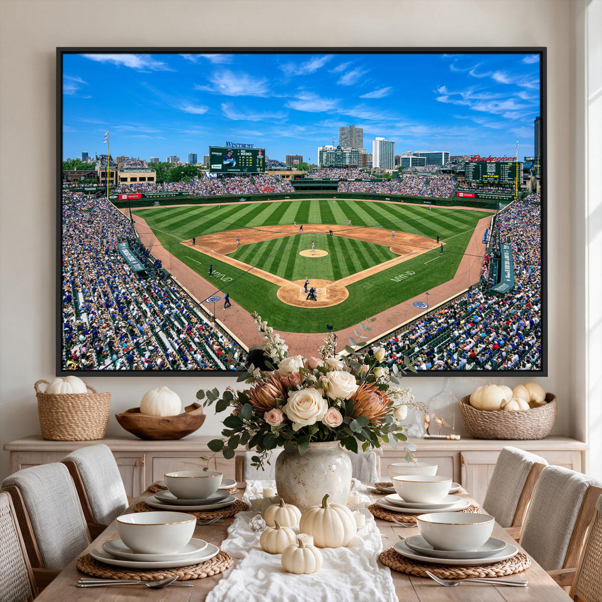 35800083-MGV-CV-36X24 - Wrigley Field Baseball Stadium Canvas Wall Art – Packed Crowd Sports Stadium City Skyline Artwork for Home Office