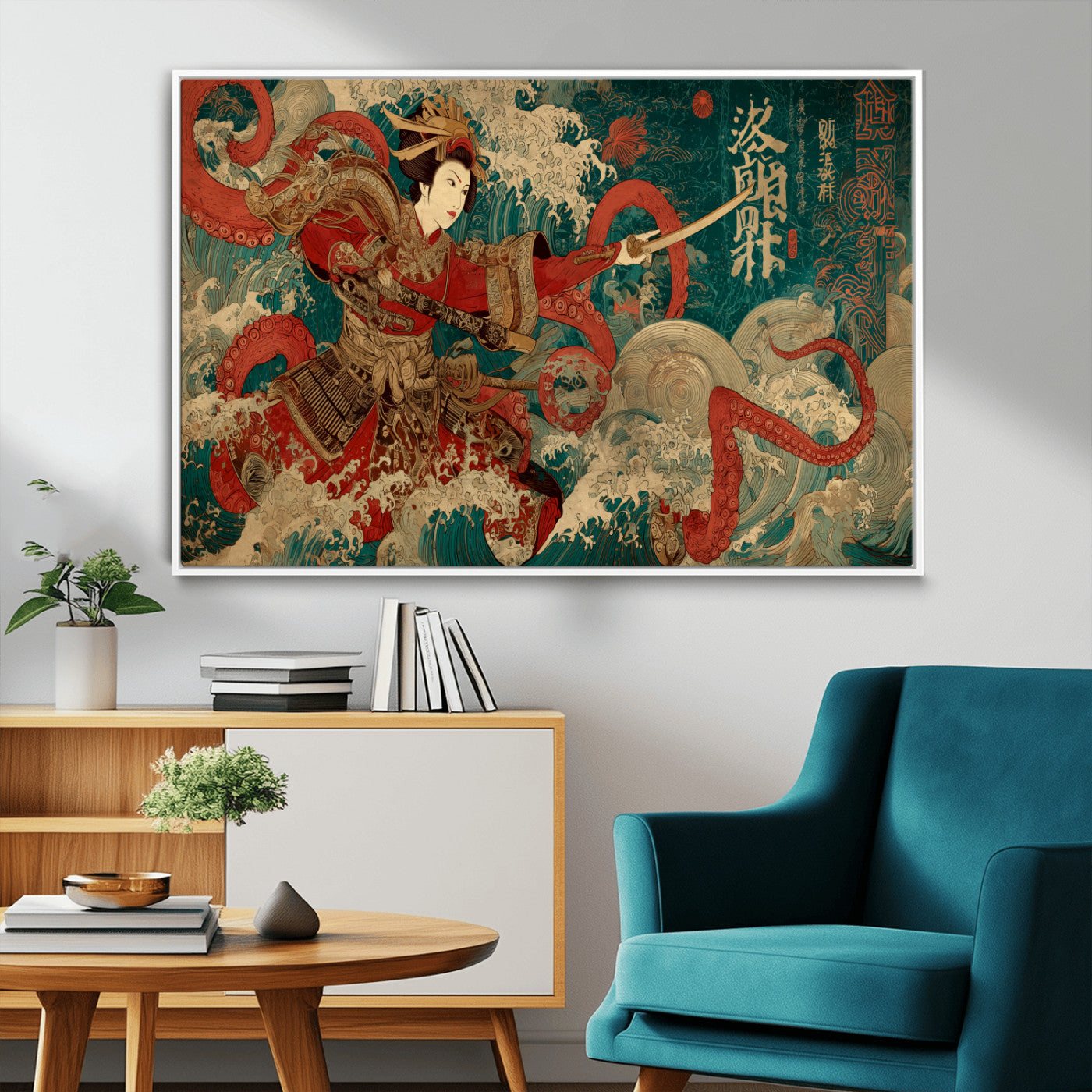 MGV-FC-36X24 - Tsukioka Yoshitoshi Samurai Wall Art Print, Japanese Katana Warrior Canvas Wall Art, Octopus Sea Monster Canvas Print,