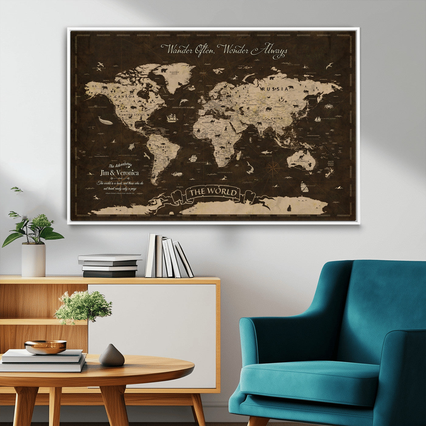 47004909-MGV-CV-36X24-Customize Push Pin World Map Wall Art Canvas Print – Personalized Map for Kids Room – Framed Custom Animal Map for Stady Room Decor