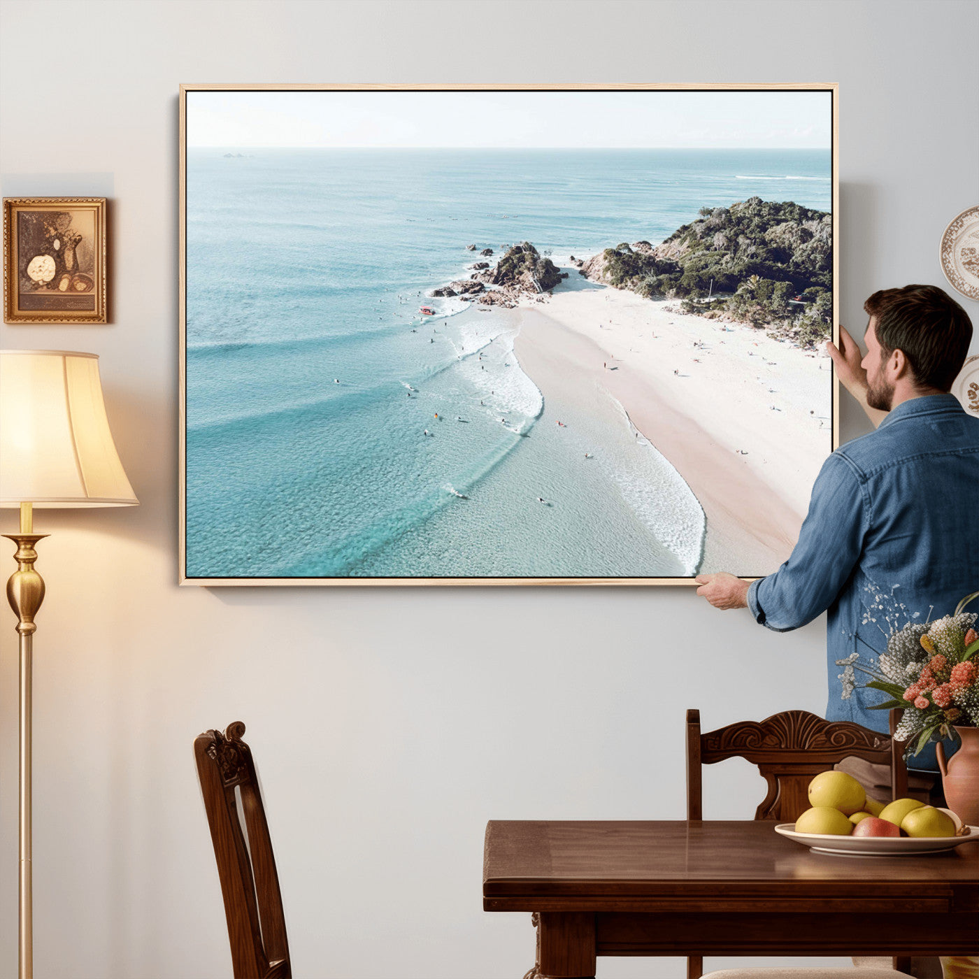 79395467-MGV-CV-36X24 - Aerial Beach Wall Art Canvas Print, Coastal Ocean Waves and Surfers Scenic Seaside Artwork for Home, Office Decor