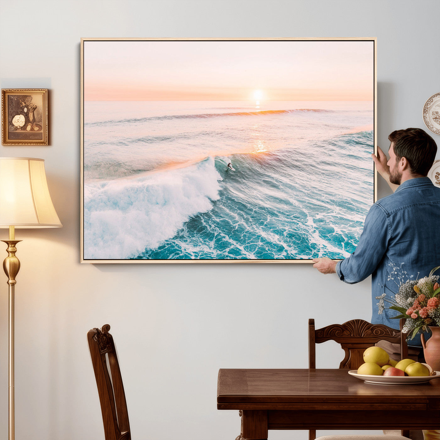 34064591-MGV-CV-36X24 - Sunset Surfing Wall Art Canvas Print, Ocean Wave Surfer with Golden Sky Artwork for Home, Office, Living Room