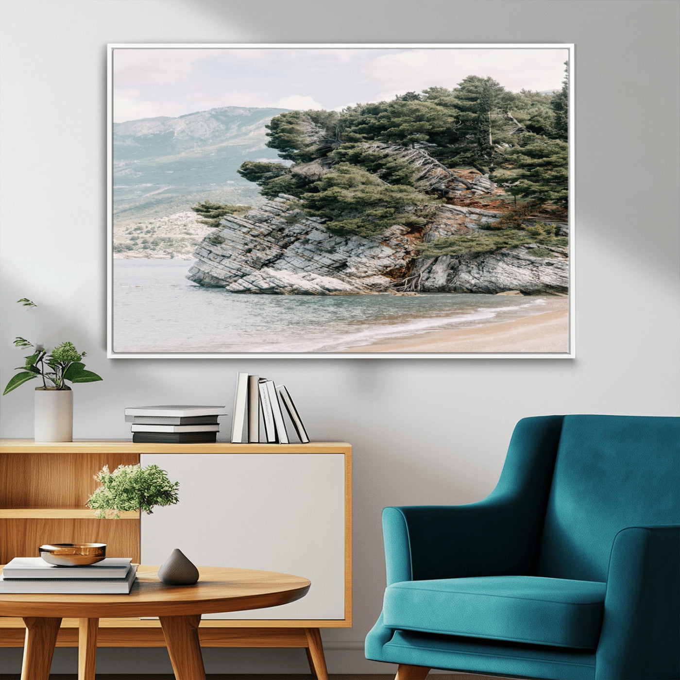 MGV-FC-36X24 - Coastal Rock Canvas Wall Art Print, Scenic Beach Landscape, Pine Trees on Rocky Cliff, Large Nature