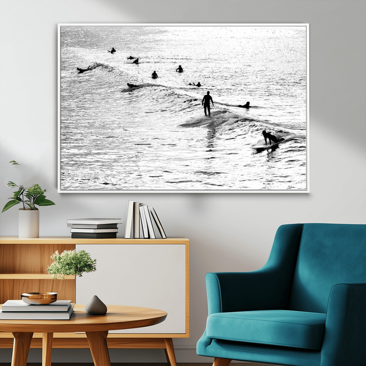 MGV-FC-36X24 - Black and White Surfers Riding Gentle Ocean Waves – Minimalist Coastal Photography Wall Art Canvas