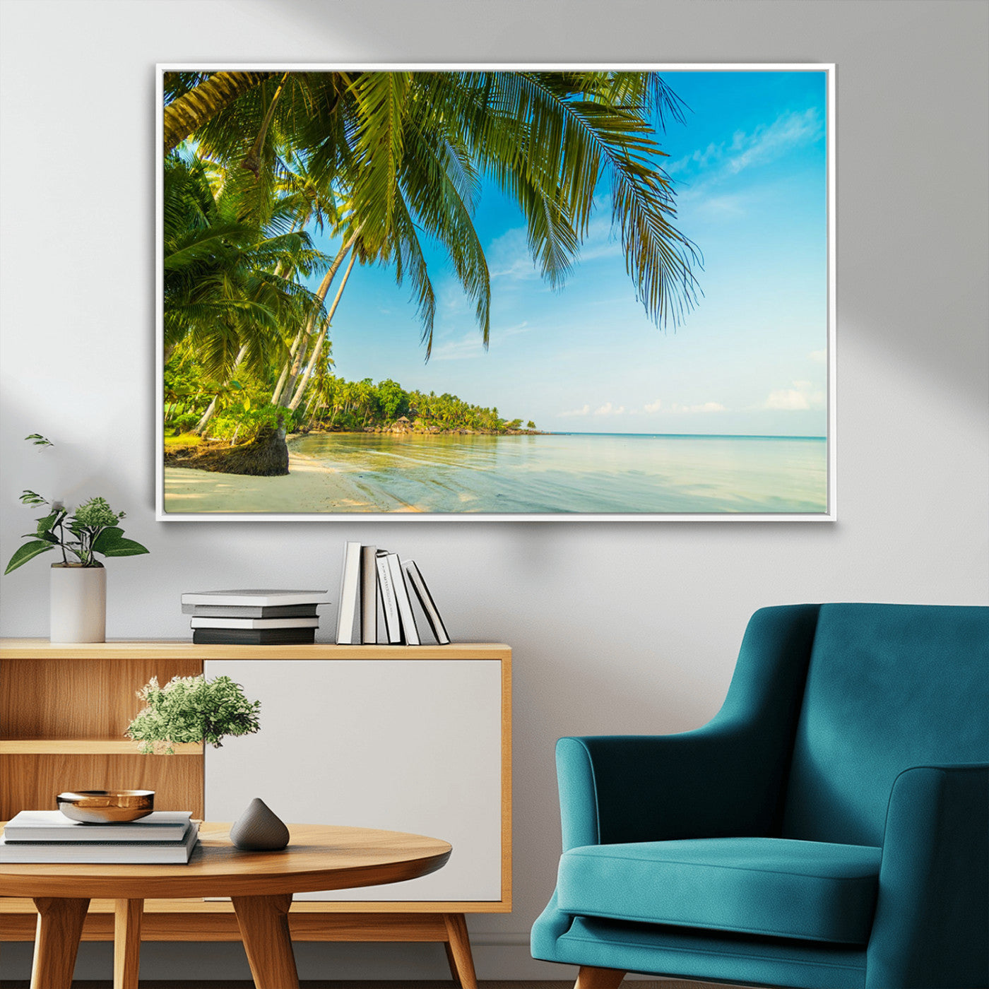 MGV-FC-36X24 - Peaceful Tropical Beach with Palm Trees and Calm Blue Sea – Serene Coastal Wall Art Canvas Print for