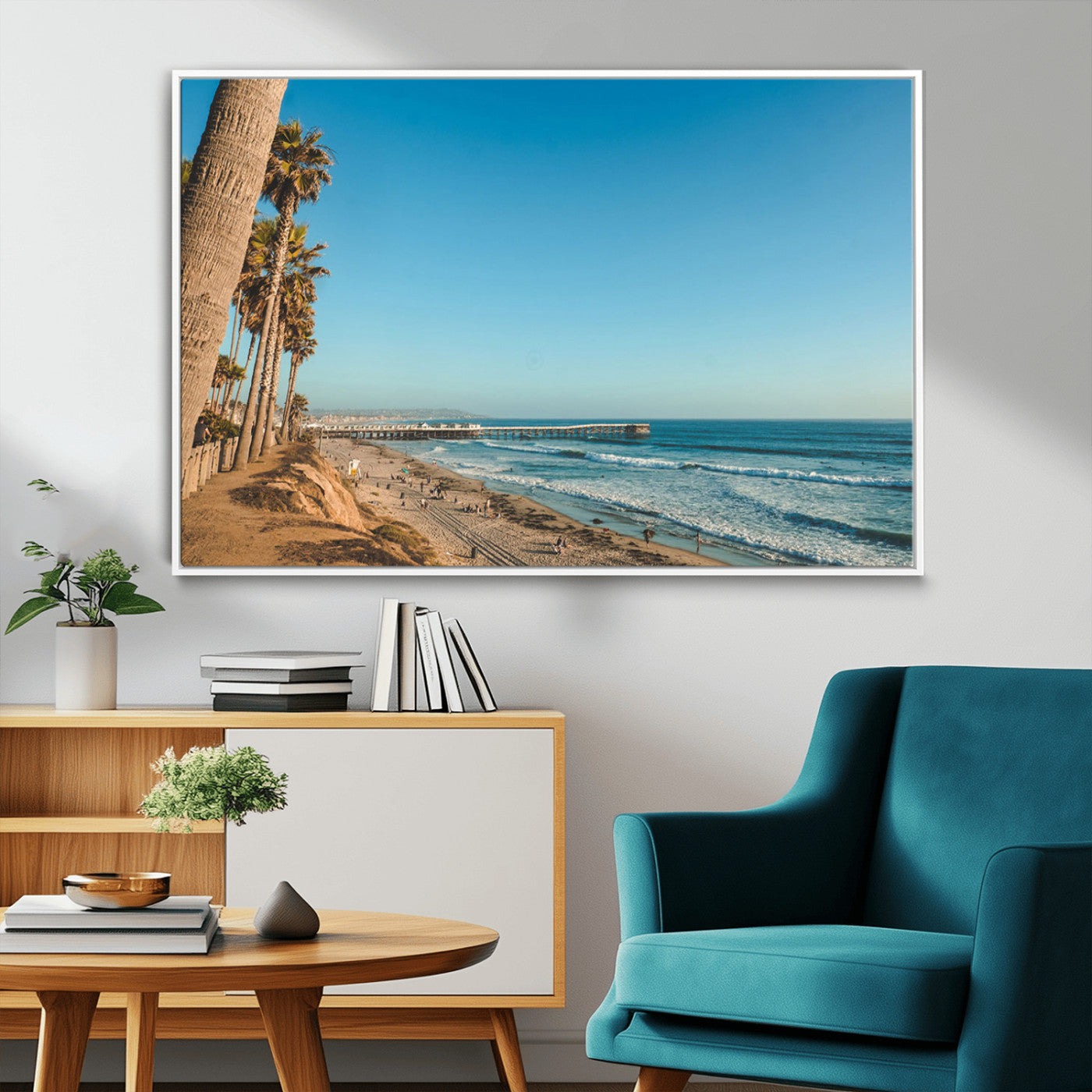 MGV-FC-36X24 - Scenic Beach with Tall Palm Trees, Sandy Shore, and Long Pier Stretching into the Calm Ocean Under