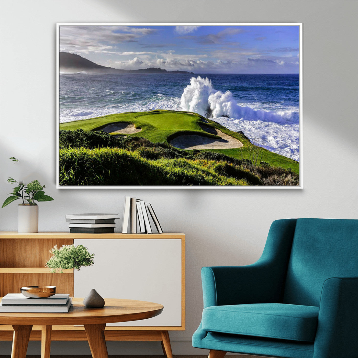 -Dramatic Ocean Waves Crashing Against Rocky Coastline Near a Green Golf Course – Stunning Wall Art