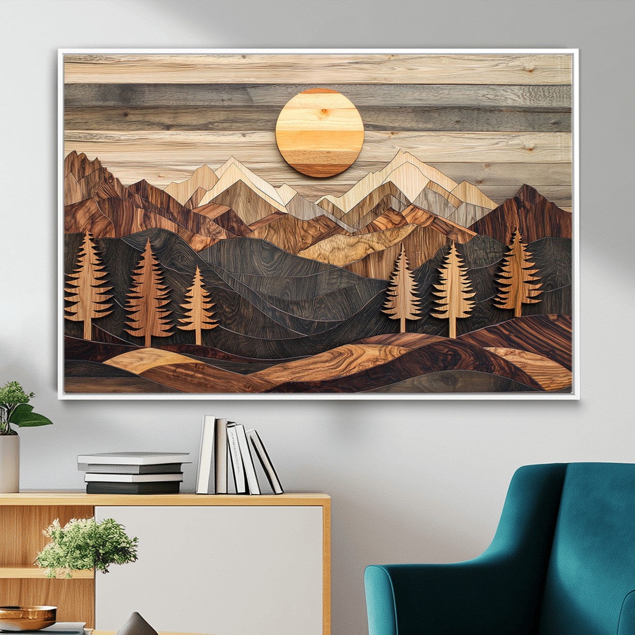 19832326-MGV-FC-36X24 - Wooden Mountain Landscape Layered Texture Geometric Shapes Sun Pine Trees Rustic Natural Tones Art