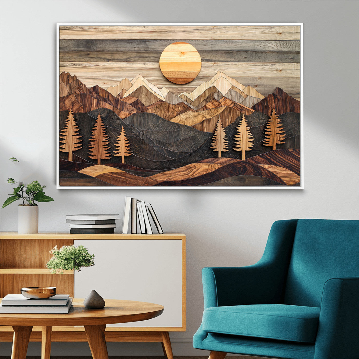 MGV-FC-36X24 - Wooden Mountain Layers Canvas Wall Art – Rustic Pine Tree Landscape with Sunlight Artistic Nature