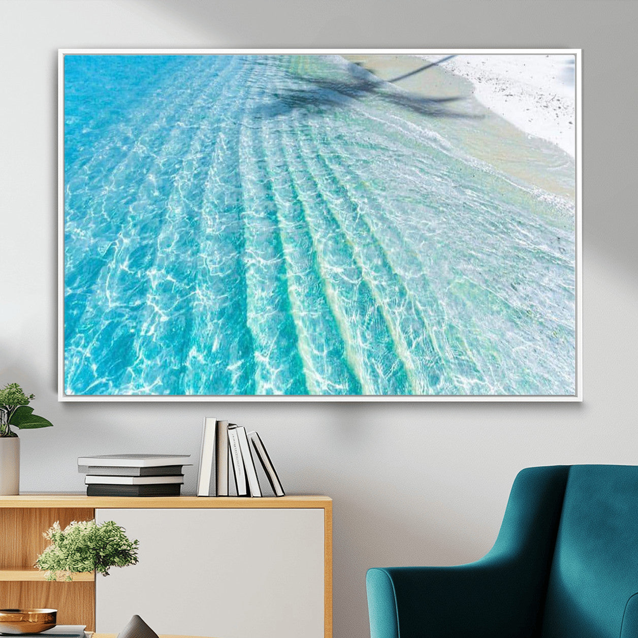 46233906-MGV-CV-36X24 - Serene Clear Blue Ocean Water Canvas Wall Art – Soft White Sand Shore Coastal Print for Home Decor, Relaxation, and Tranquil Vibes