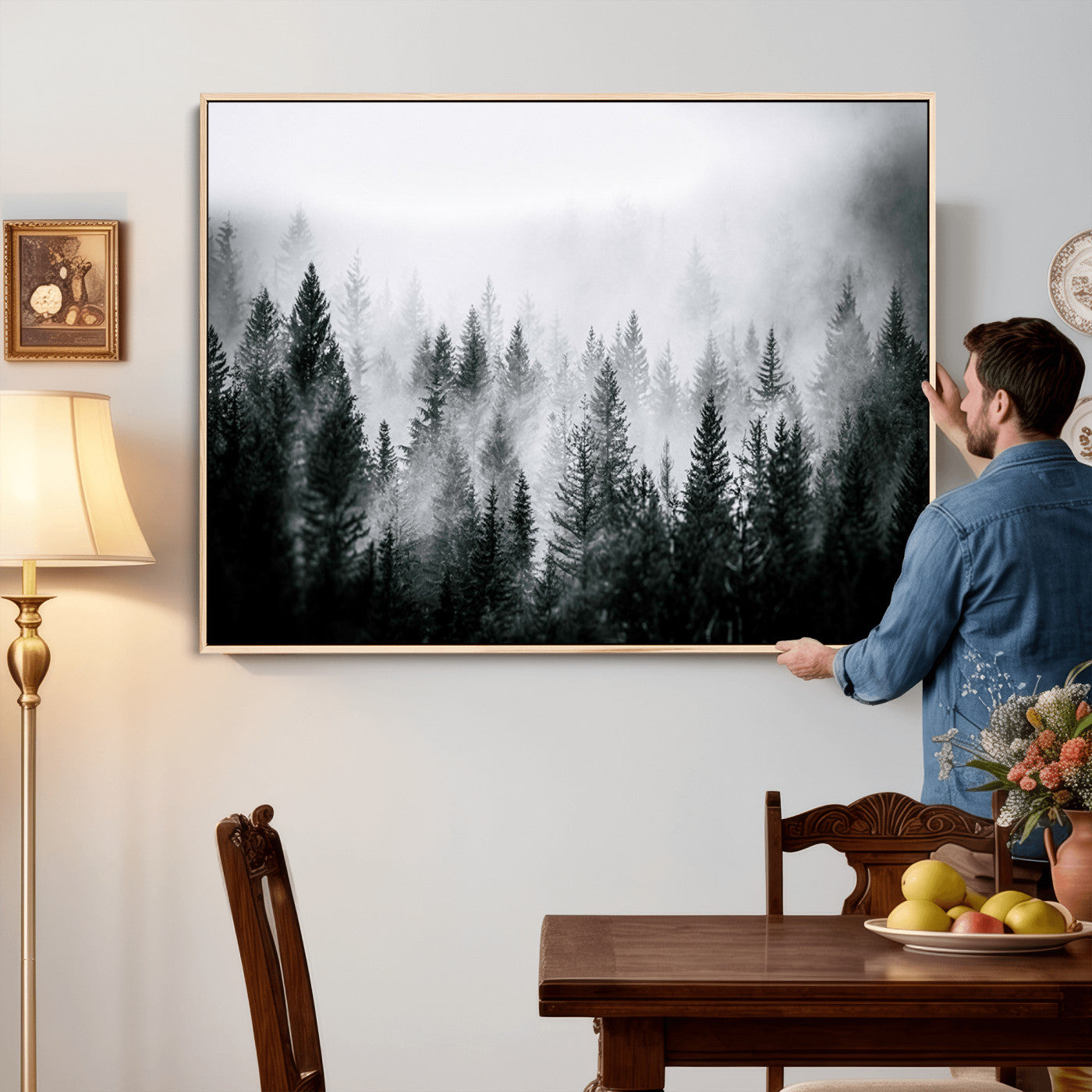 87750525-MGV-CV-36X24 - Foggy Forest Wall Art Canvas Print – Mountain Woodland Landscape Photography for Minimal Nature Home Decor