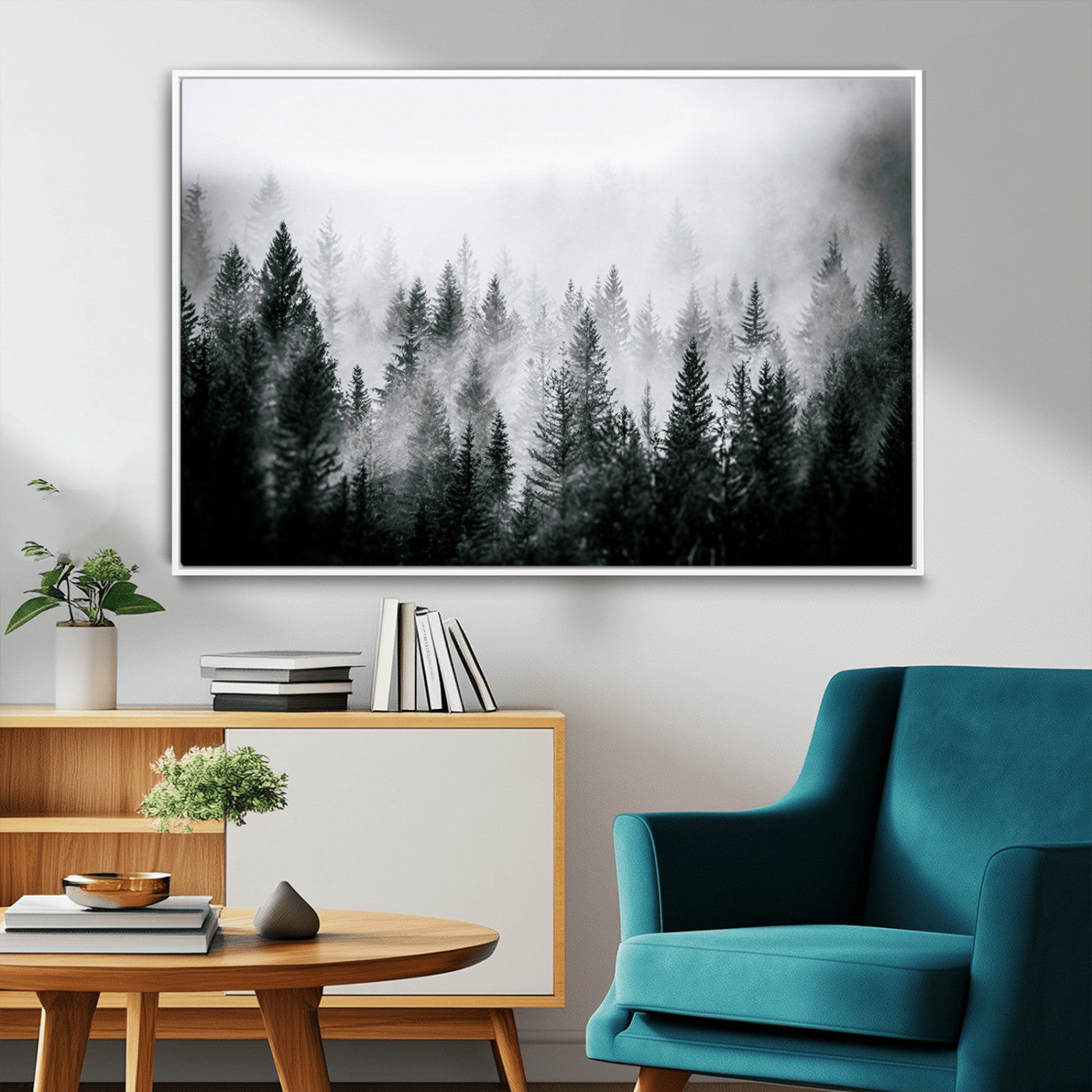 MGV-FC-36X24 - Foggy Pine Forest Canvas Wall Art – Black and White Nature Landscape Print, Horizontal Canvas for