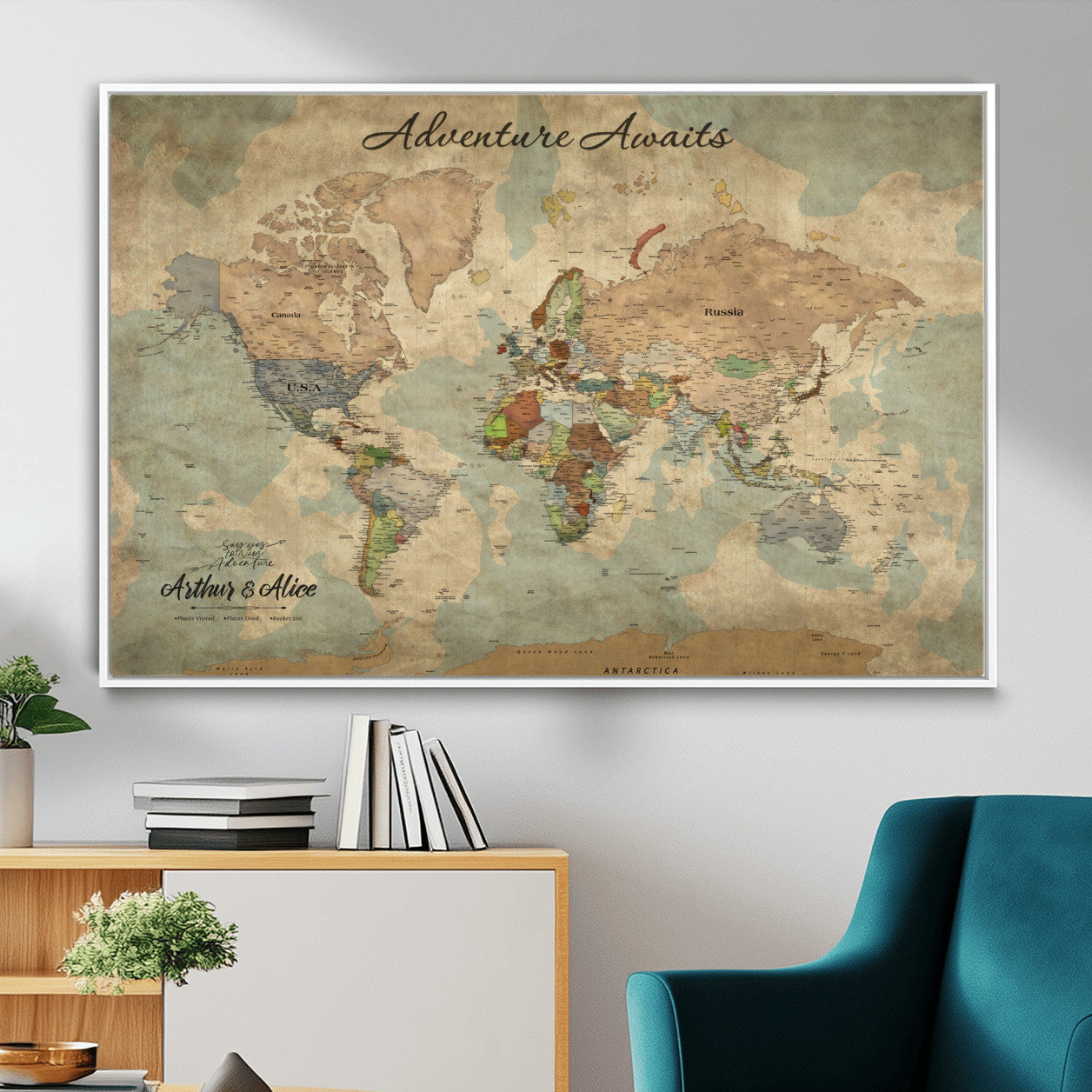 MGV-FC-36X24 - Personalized World Map Wall Art Canvas Print – Custom Push Pin Travel Map for Couples, Families, or Office Décor