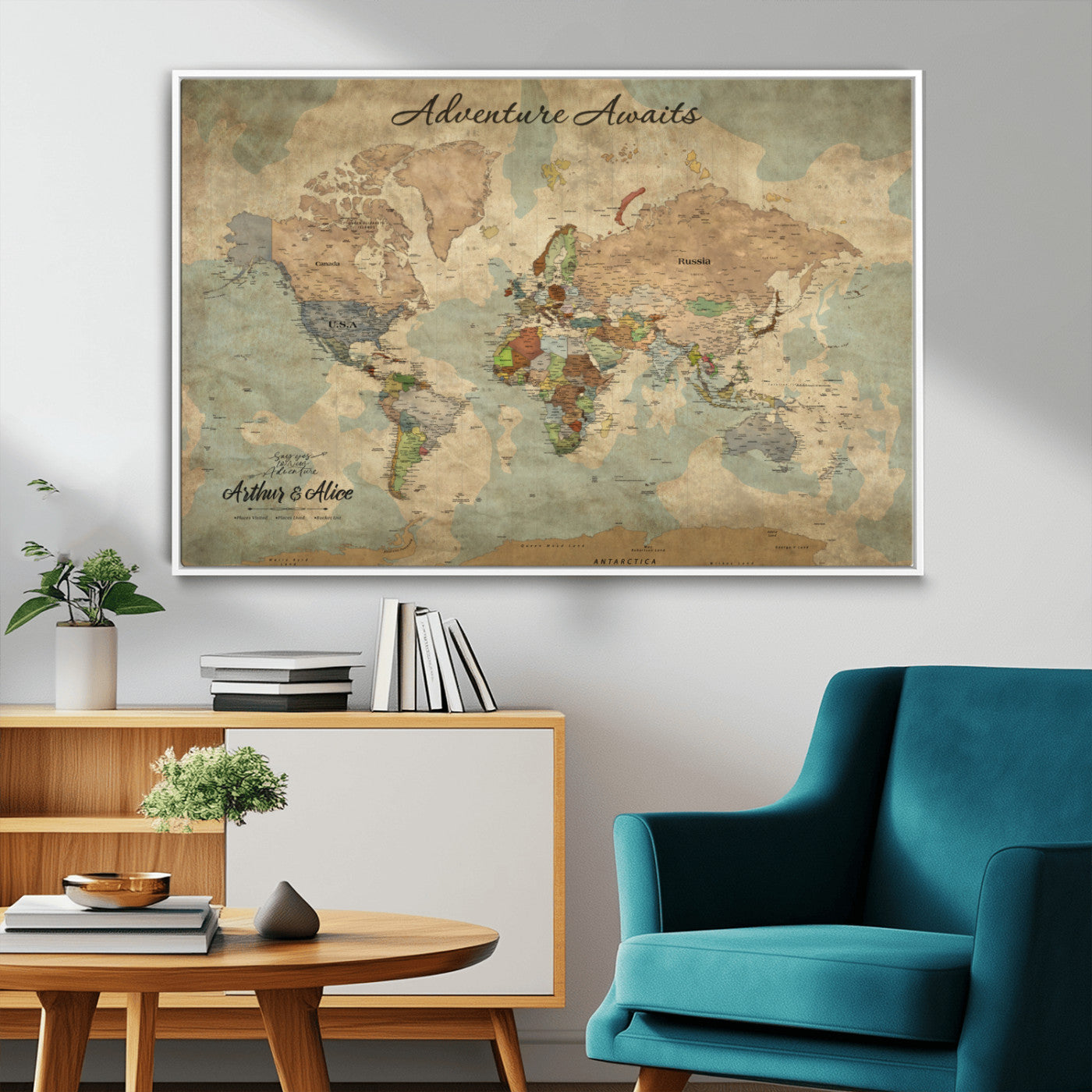 MGV-FC-36X24 - Personalized World Map Wall Art Canvas Print – Custom Push Pin Travel Map for Couples, Families, or Office Décor