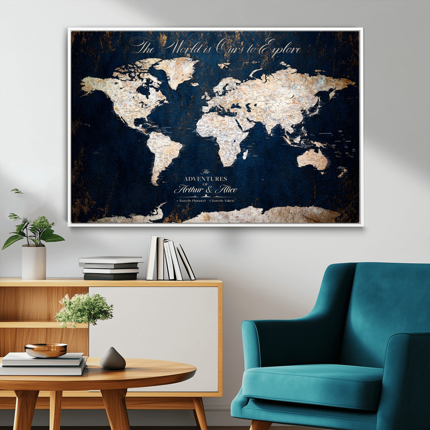 MGV-FC-36X24 - Personalized World Map Wall Art Canvas Print – Custom Push Pin Travel Map for Couples, Families, or Office Décor