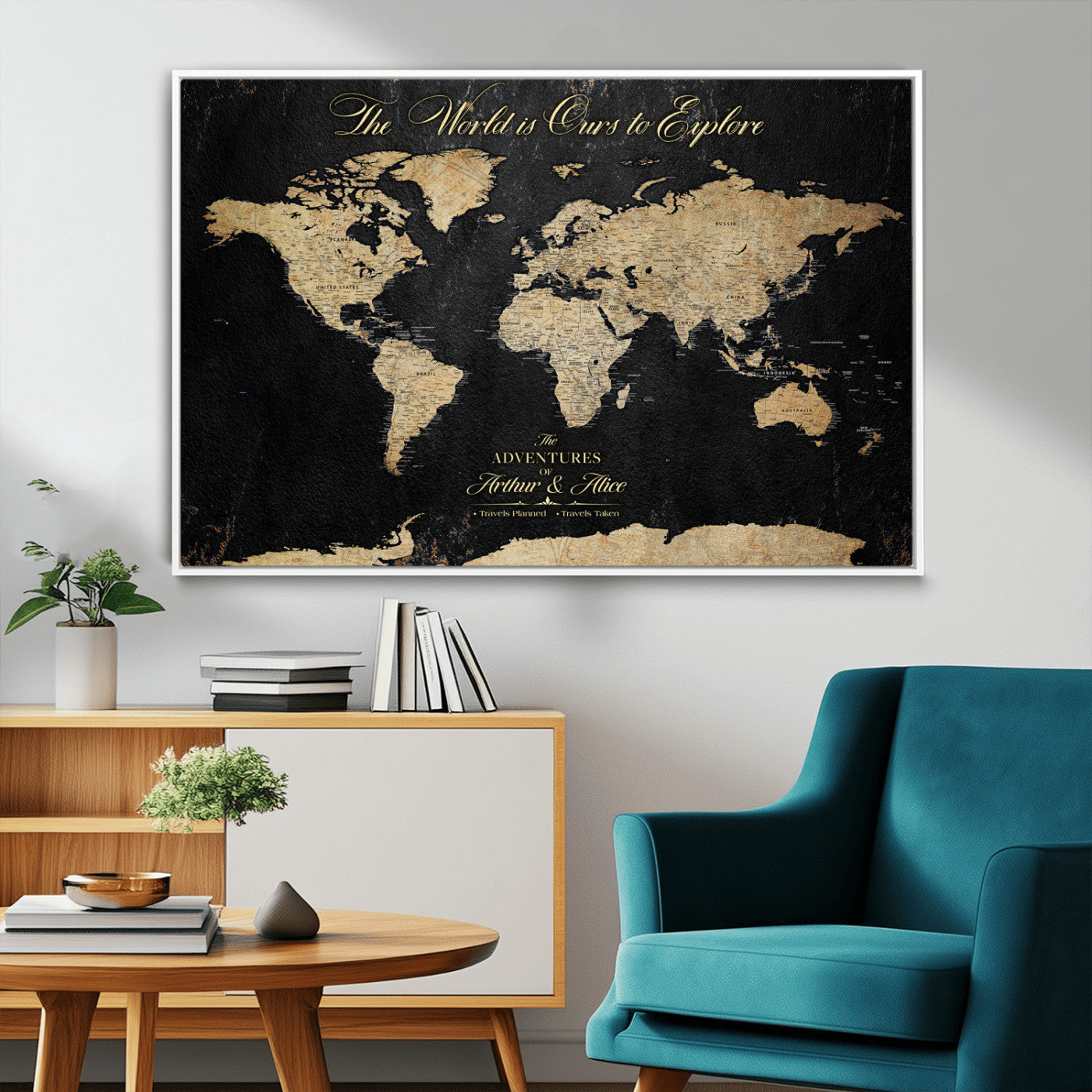 MGV-FC-36X24 - Personalized World Map Wall Art Canvas Print – Custom Push Pin Travel Map for Couples, Families, or Office Décor