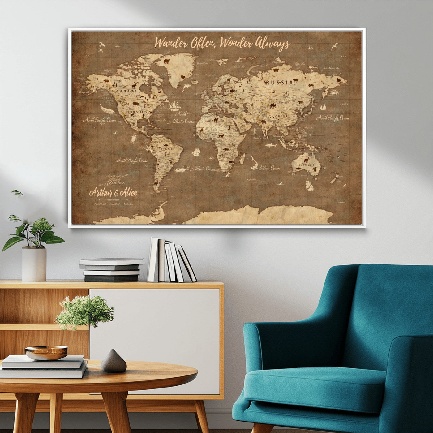 MGV-FC-36X24 - Personalized World Map Wall Art Canvas Print – Custom Push Pin Travel Map for Couples, Families, or Office Décor