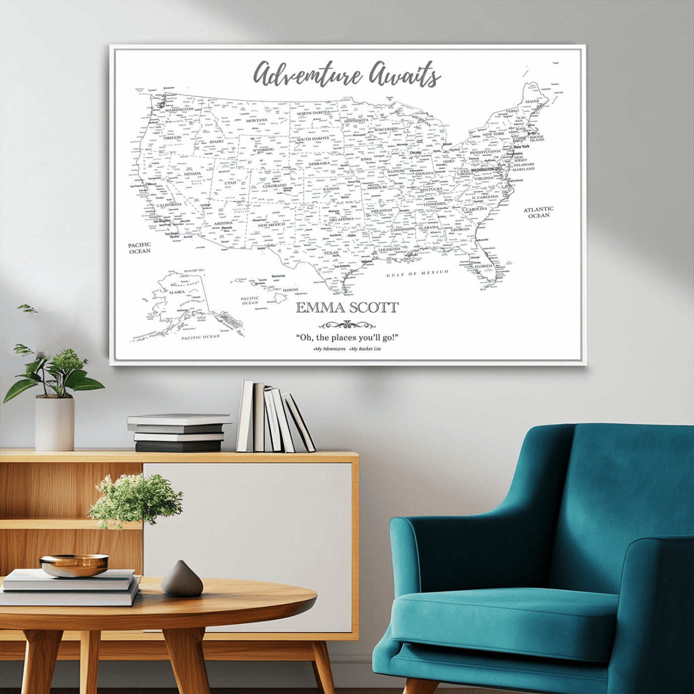 MGV-FC-36X24 - Personalized US Map Wall Art Canvas Print – Custom Push Pin Travel United States US Map for Couples, Families, or Office Décor