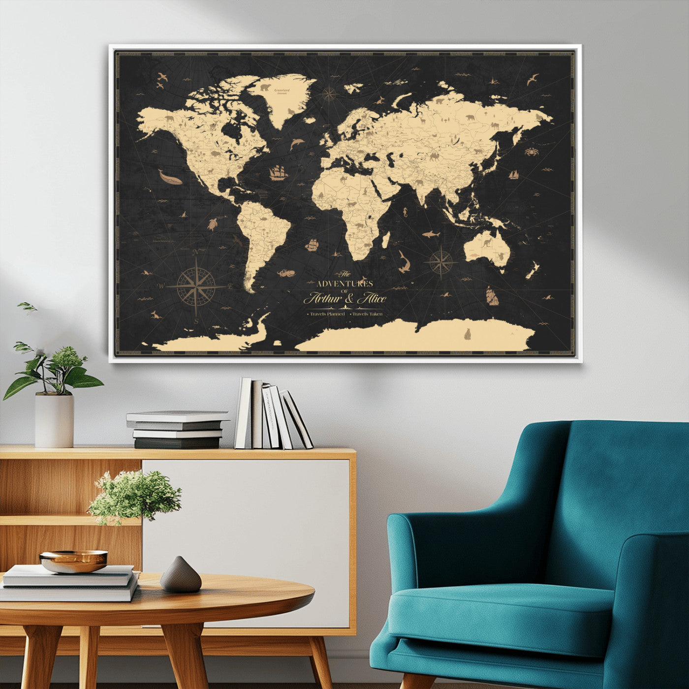 MGV-FC-36X24 - Personalized World Map Wall Art Canvas Print – Custom Push Pin Travel Map for Couples, Families, or Office Décor