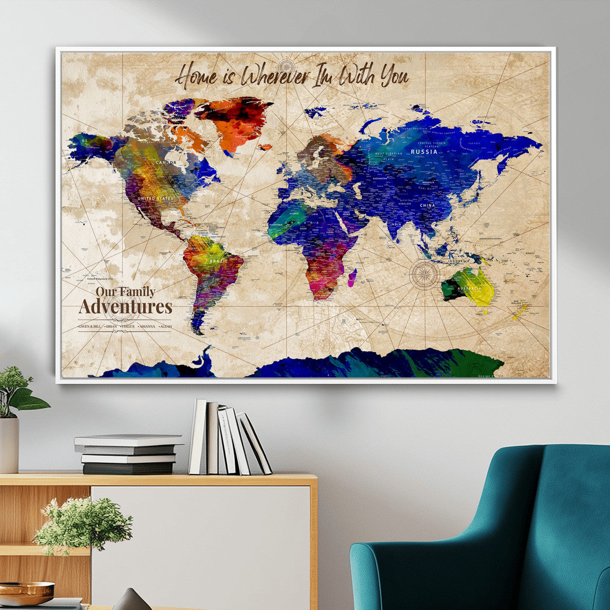 42795268-MGV-FC-36X24 - Personalized Push Pin World Map Canvas Print – Custom Adventure Travel Map, Framed Wall Art Gift for Couples or Family