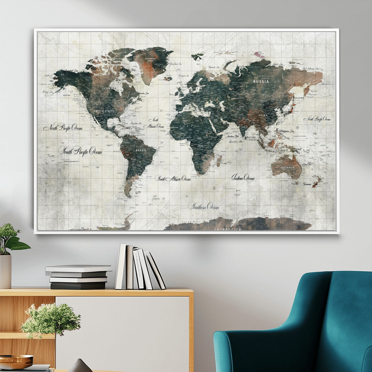 90149079-MGV-FC-36X24 - World Map Wall Art Canvas Print, Modern Decorative Framed Map Artwork Prints for Living Room, Office, Bedroom Wall Decor