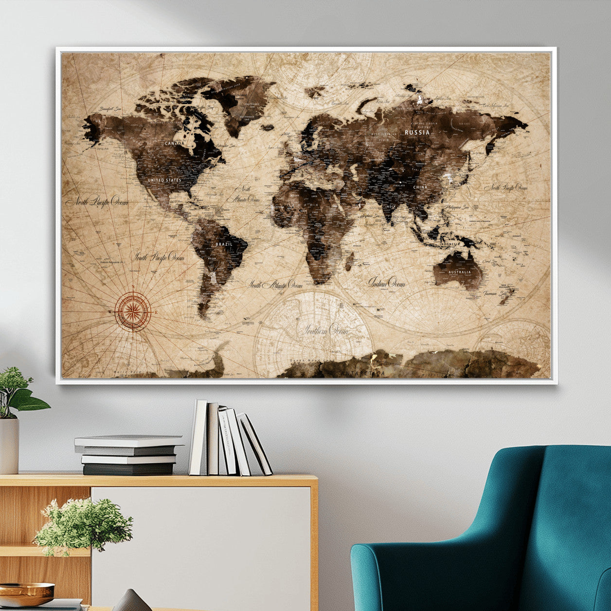 97114757-MGV-FC-36X24 - Vintage World Map Wall Art Canvas Print, Modern Decorative Framed Map Artwork Prints for Living Room, Office, Bedroom Wall Decor