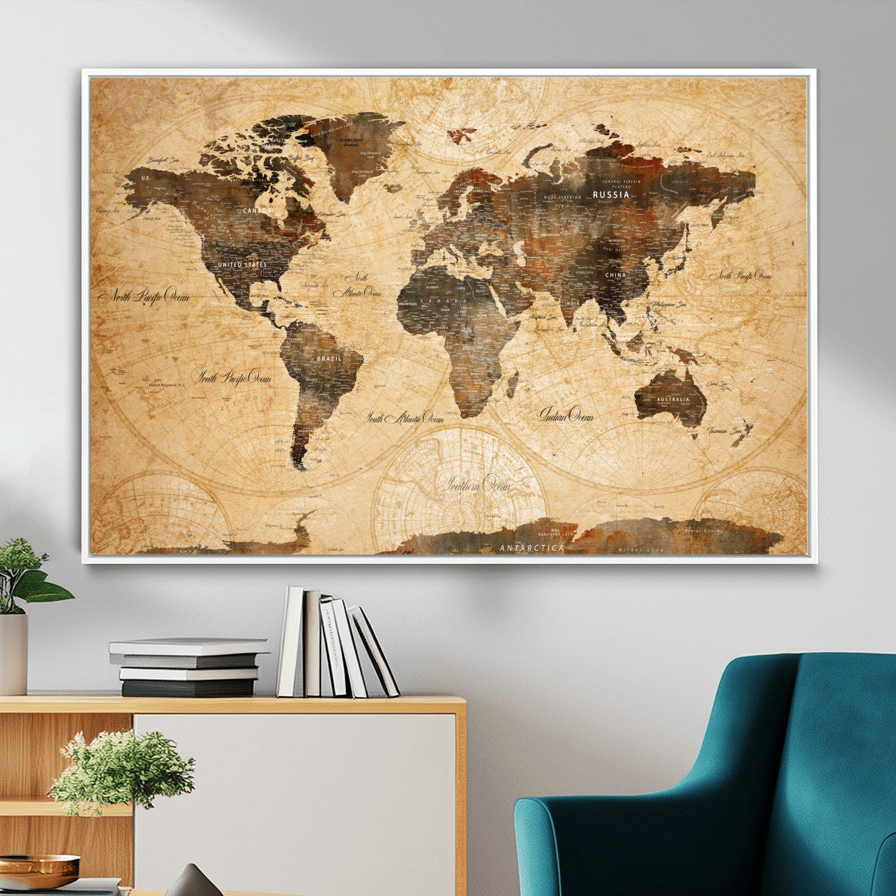 14542905-MGV-FC-36X24 - World Map Wall Art Canvas Print, Modern Decorative Framed Map Artwork Prints for Living Room, Office, Bedroom Wall Decor