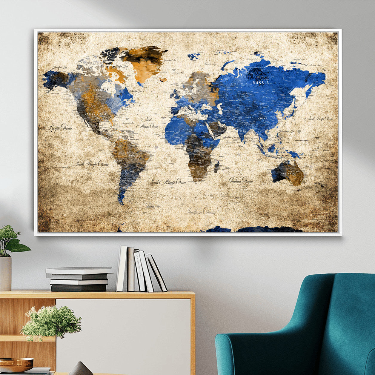 13564339-MGV-FC-36X24 - World Map Wall Art Canvas Print, Modern Decorative Framed Map Artwork Prints for Living Room, Office, Bedroom Wall Decor