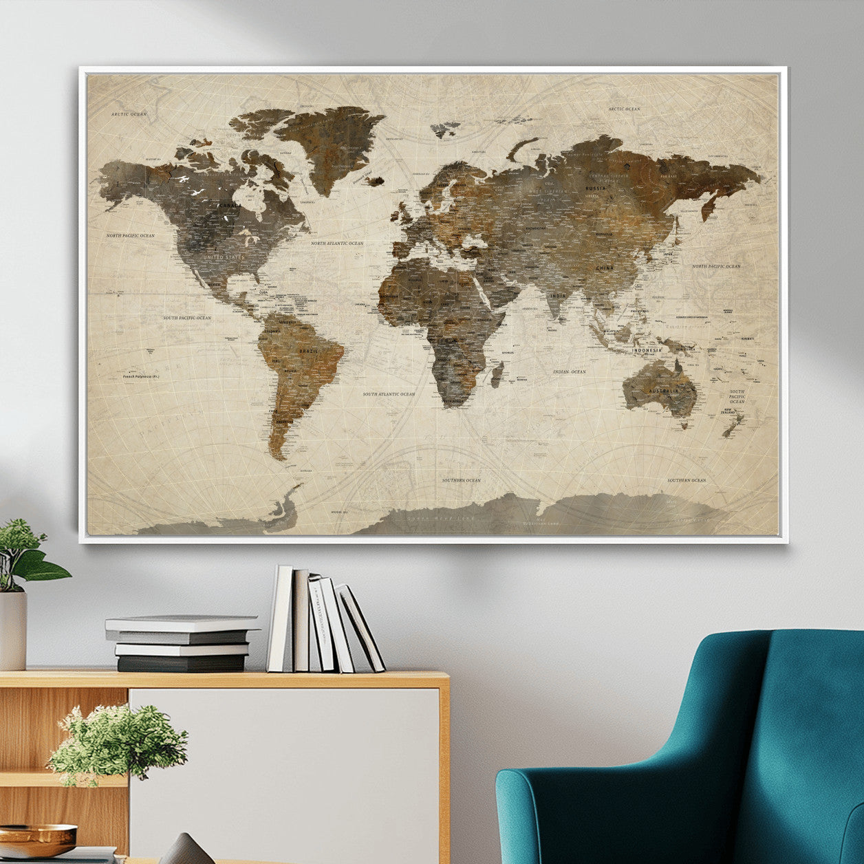 91849163-MGV-FC-36X24 - World Map Wall Art Canvas Print, Modern Decorative Framed Map Artwork Prints for Living Room, Office, Bedroom Wall Decor