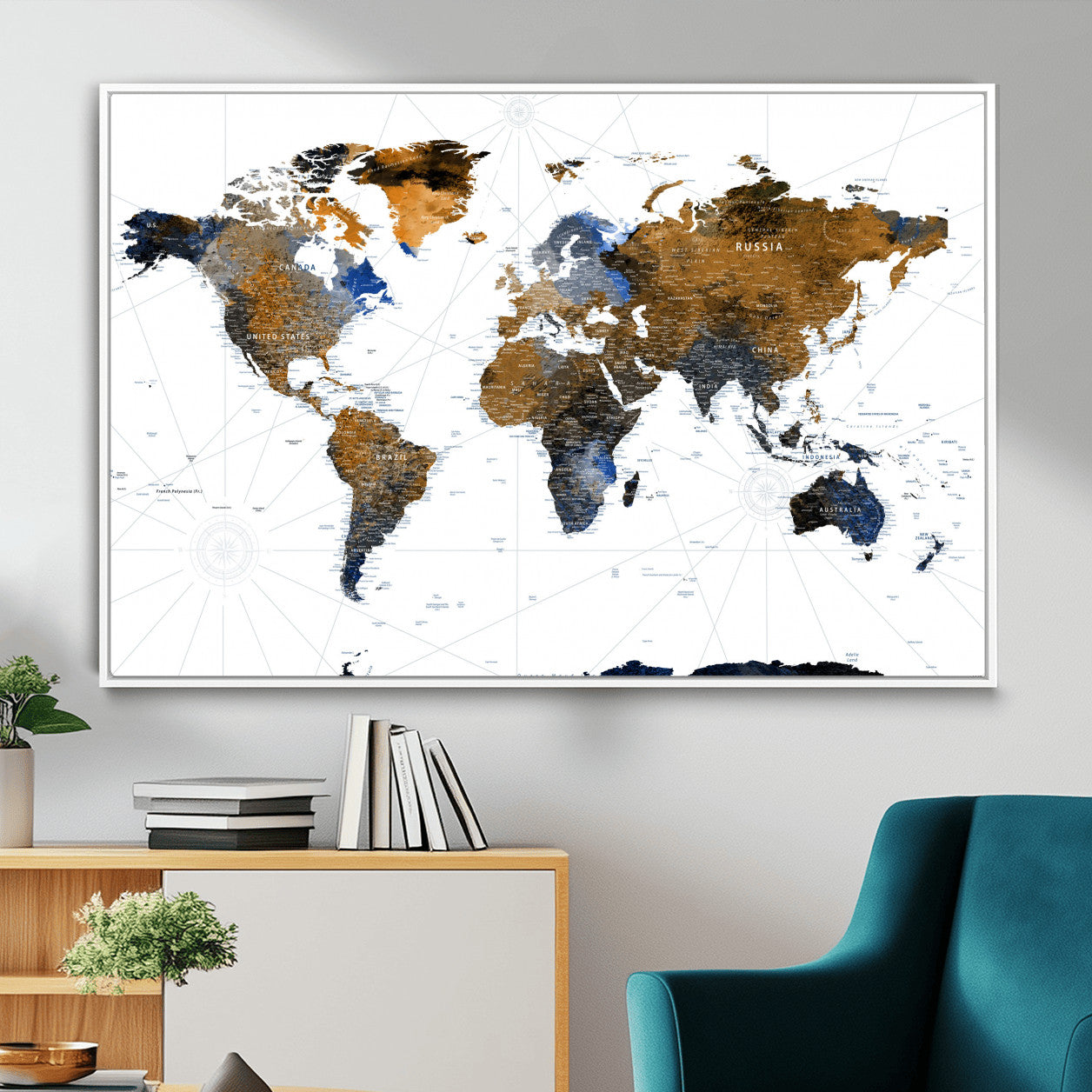 40862517-MGV-FC-36X24 - World Map Wall Art Canvas Print, Modern Decorative Framed Map Artwork Prints for Living Room, Office, Bedroom Wall Decor