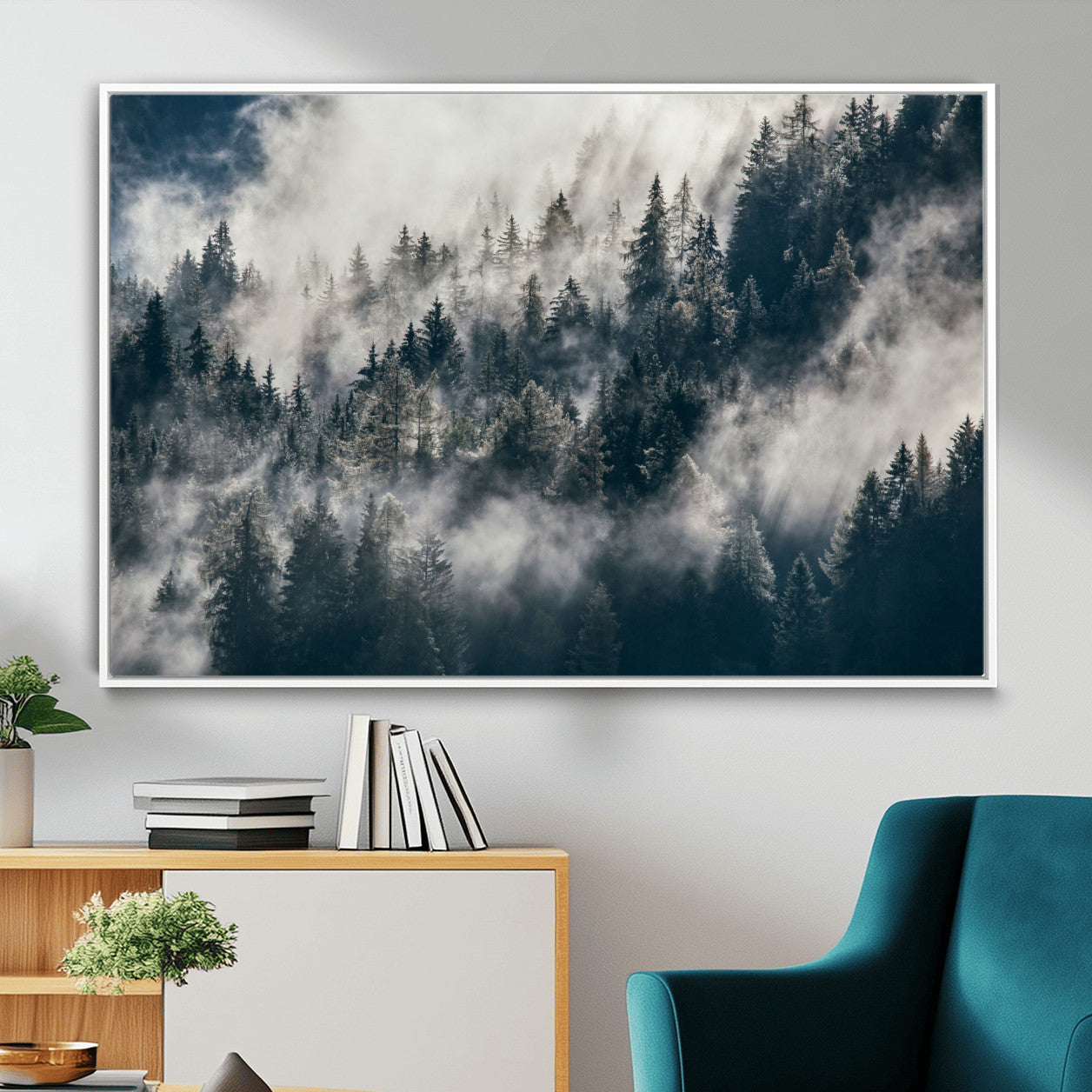270372951-MGV-FC-36X24 - Misty Pine Forest Canvas Wall Art – Dark Forest Mountaing and Nature Landscape Print, Horizontal Canvas Print