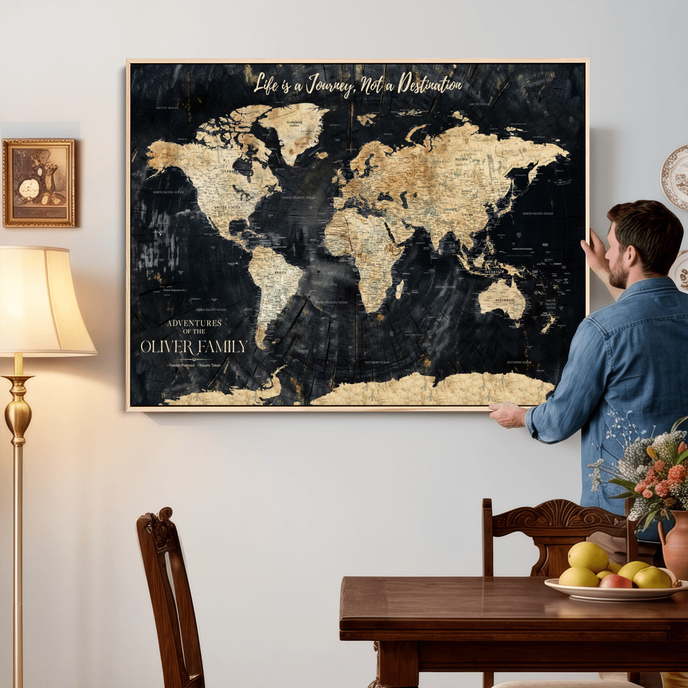 20317961-MGV-FC-36X24 - Customized Push Pin World Map Wall Art Canvas Print with Pins, Framed Personalize Travel Tracker Map, World Map for Living Room and Office Decor