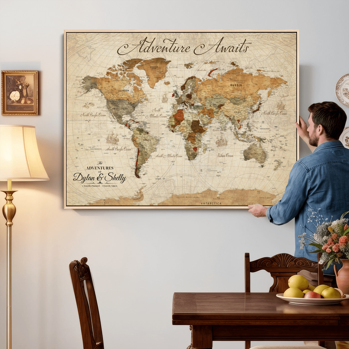 17298116-MGV-FC-36X24 - Custom World Map Wall Art Canvas Print with Pins, Framed Personalize Push Pin  Travel Tracker Map, World Map for Living Room and Office Decor